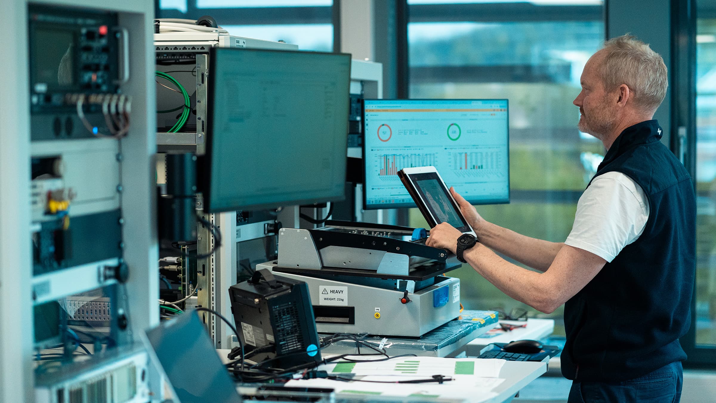 An engineer reviewing test results on a Virinco Test Platform.